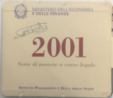 Repubblica Italiana. Serie divisionale 2001. 12 valori con 500 lire e 1000 Lire Giuseppe Verdi. Ag. Gig.28. FDC. Confezione originale della Zecca.