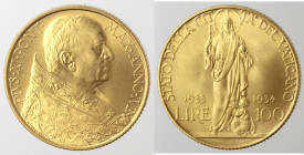 Vaticano. Pio XI. 1922-1938. 100 lire del Giubileo 1933-1934. Au. Gig. 5. Peso gr. 8,83. Diametro mm. 24. FDC