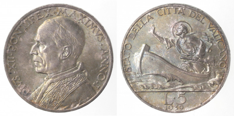 Vaticano. Pio XII. 1939-1958. 5 lire 1939 Anno I. Ag. Gig. 146. Peso gr. 5,00. F...