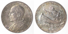 Vaticano. Pio XII. 1939-1958. 5 lire 1939 Anno I. Ag. Gig. 146. Peso gr. 5,00. FDC. Eccezionale patina iridescente. (7321)