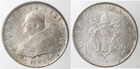 Vaticano. Giovanni XXIII. 1958-1963. 500 Lire 1962. Ag. Peso gr. 11,00. qFDC. (7321)