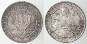 San Marino. Vecchia monetazione. 1864-1938. 10 Lire 1937. Ag. Gig. 15. Peso gr. 10,00. Diametro mm. 27.00. qFDC. Patina iridescente. (7321)