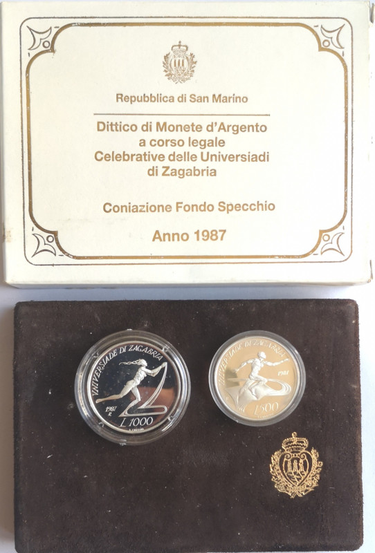 San Marino. Dittico. 500 Lire + 1.000 Lire 1987. Ag. Universiadi di Zagabria. Gi...