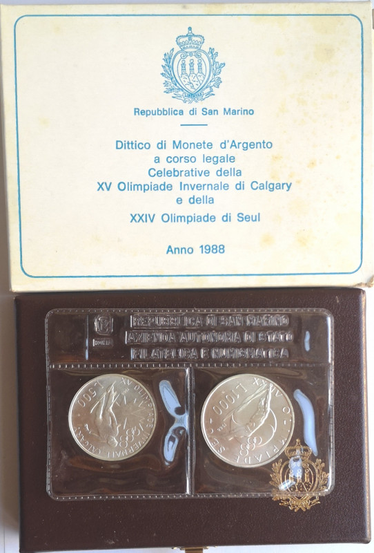San Marino. Dittico. 500 Lire + 1.000 Lire 1988. Ag. Olimpiadi di Seul. Gig. 204...