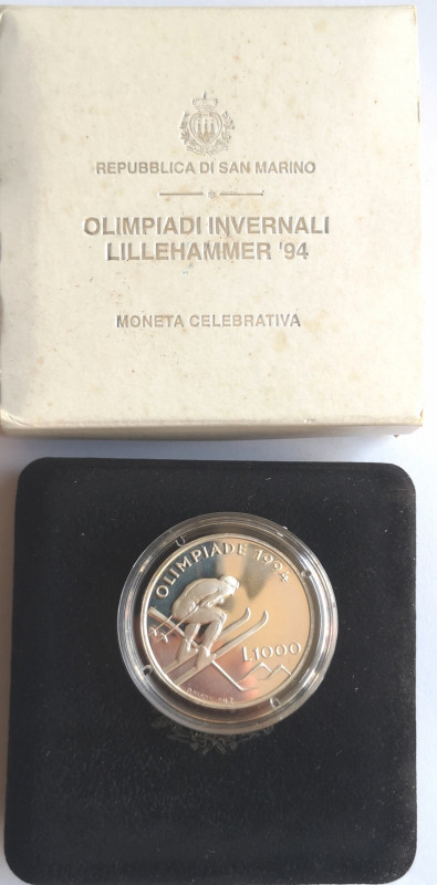 San Marino. 1000 Lire 1994. Olimpiade di Lillehammer. Ag. Gig. 185. Proof. Confe...