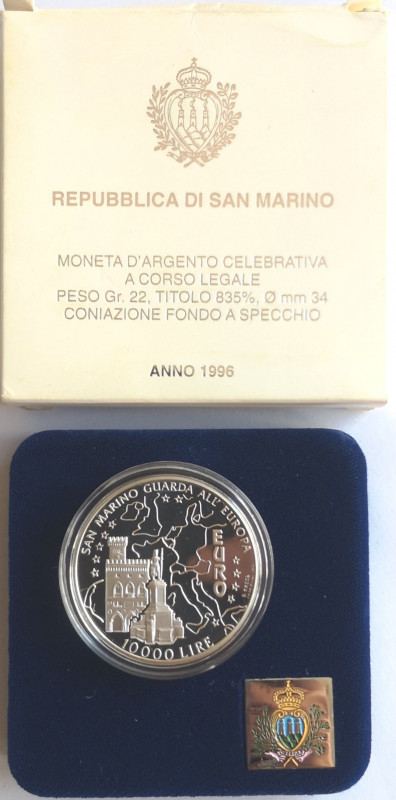 San Marino. 10000 Lire 1996. Il palazzo pubblico. Ag. Gig. 187. Proof. Confezion...