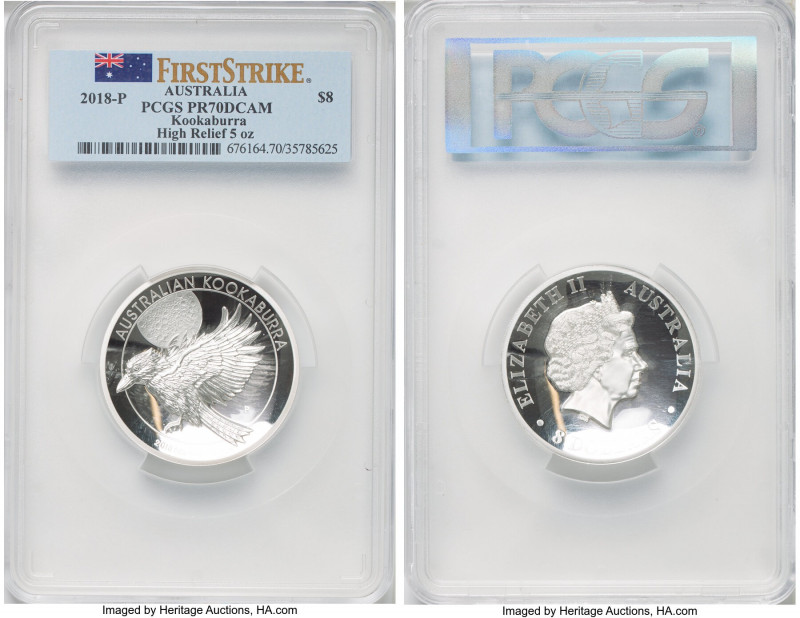 Elizabeth II silver Proof "Kookaburra" 8 Dollars (5 oz) 2018-P PR70 Deep Cameo P...