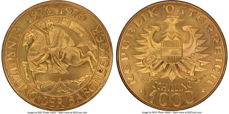 Republic gold "Babenberg Dynasty" 1000 Schilling 1976 MS68 NGC, KM2933. AGW 0.39...