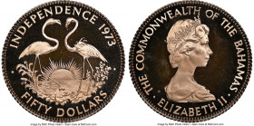 Elizabeth II gold Proof "Independence Anniversary - Two Flamingos" 50 Dollars 1973-JP PR67 Ultra Cameo NGC, John Pinches mint, KM48. AGW 0.2515 oz.

H...