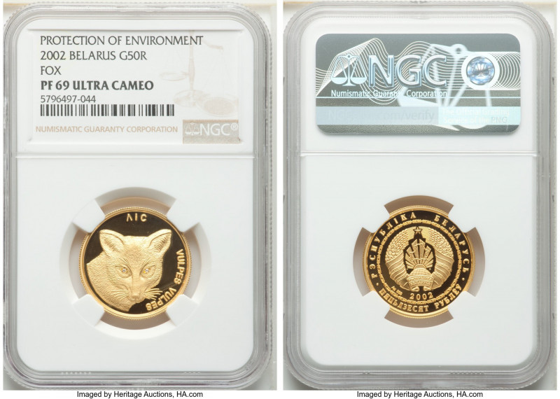 Republic gold Proof "Fox" 50 Roubles 2002 PR69 Ultra Cameo NGC, KM277. Mintage: ...
