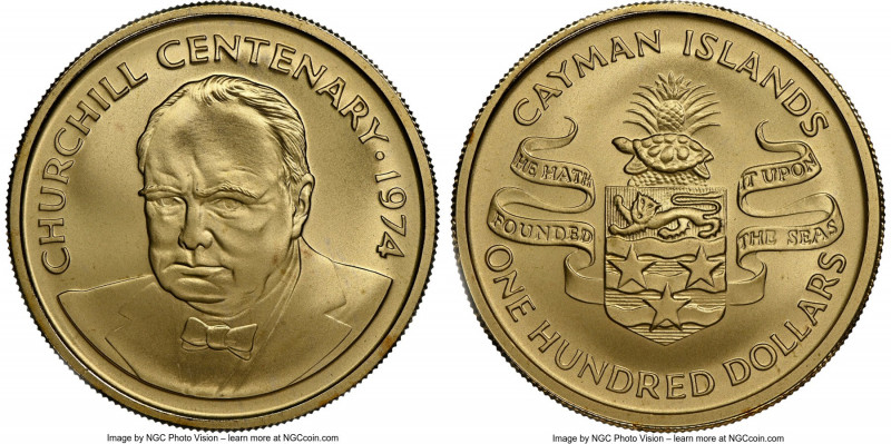 British Colony. Elizabeth II gold "Churchill Centenary" 100 Dollars 1974 MS69 NG...