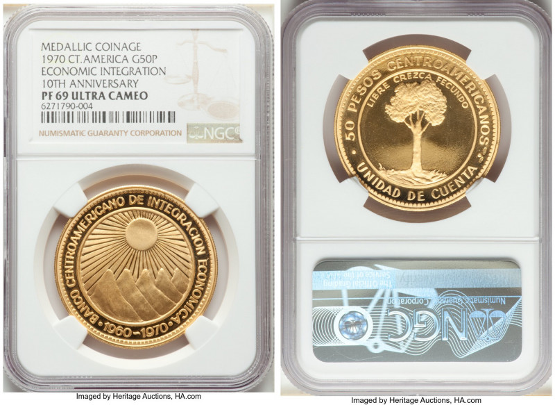 Republic gold Proof "10th Anniversary of Economic Integration" 50 Pesos 1970 PR6...