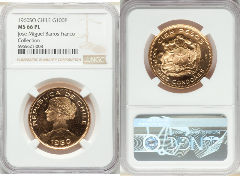 Republic gold 100 Pesos 1960-So MS66 Prooflike NGC, Santiago mint, KM175. Mirror...