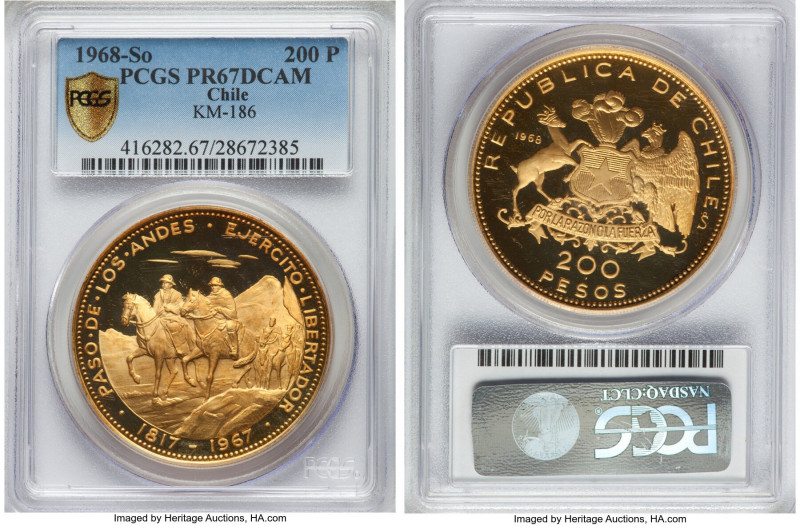 Republic gold Proof "San Martin's Passage" 200 Pesos 1968-So PR67 Deep Cameo PCG...