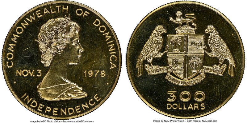 British Colony. Elizabeth II gold "Independence - Arms" 300 Dollars 1978 MS65 NG...