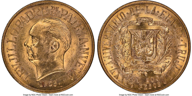 Republic gold "Trujillo Anniversary" 30 Pesos 1955 MS62 NGC, KM24, Fr-1. Mintage...