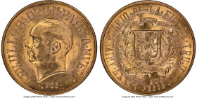 Republic gold "Trujillo Anniversary" 30 Pesos 1955 MS62 NGC, KM24, Fr-1. Mintage: 33,000. Celebrating the 25th anniversary of the Trujillo regime. AGW...