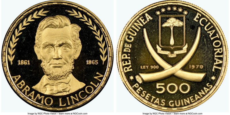 Republic gold Proof "Abraham Lincoln" 500 Pesetas 1970 PR68 Ultra Cameo NGC, KM2...