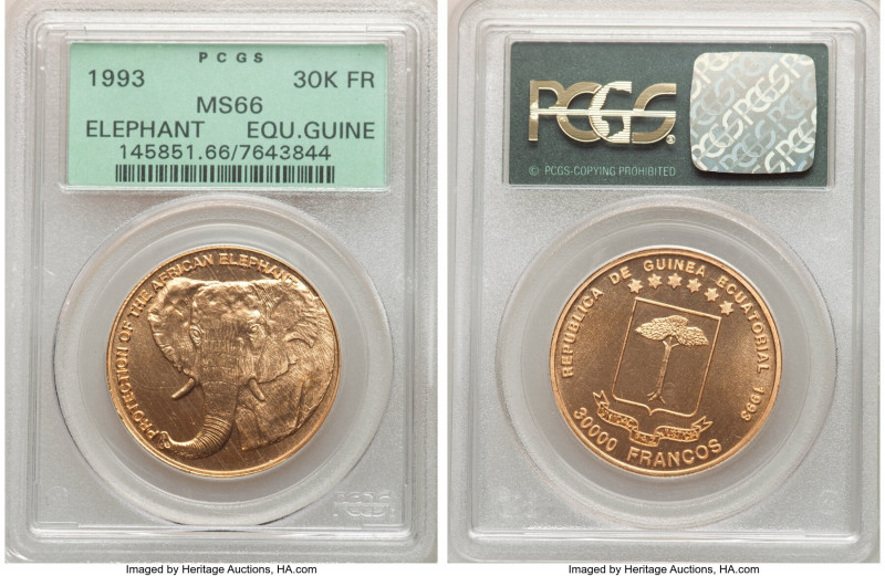 Republic gold "Elephant" 30000 Francos 1993 MS66 PCGS, KM107. Mintage: 700. AGW ...