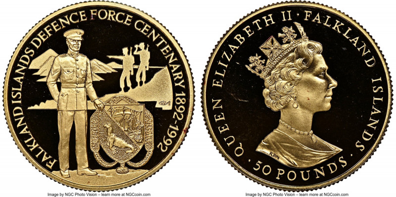 Elizabeth II gold Proof "Defence Force Centenary" 50 Pounds 1992 PR68 Ultra Came...