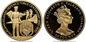 Elizabeth II gold Proof "Defence Force Centenary" 50 Pounds 1992 PR68 Ultra Cameo NGC, KM41. Estimated Mintage: 400. AGW 0.5014 oz. 

HID09801242017

...