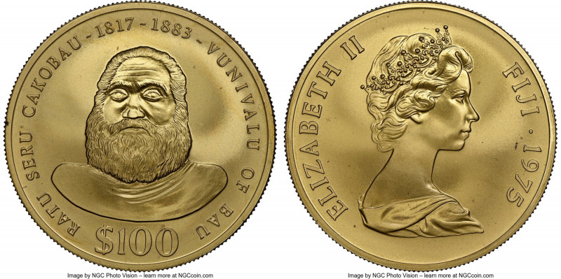 British Colony. Elizabeth II gold "King Cakobau" 100 Dollars 1975 MS69 NGC, KM38...