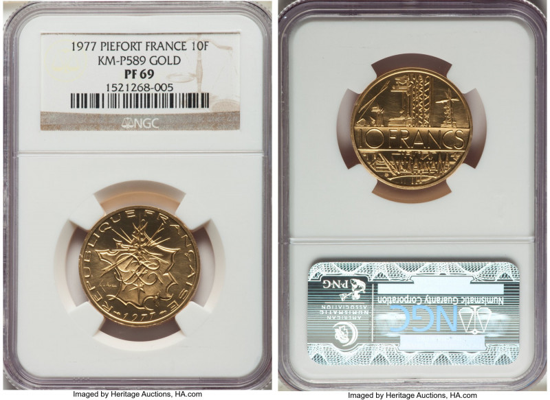 Republic gold Proof Piefort 10 Francs 1977 PR69 NGC, KM-P589. Mintage: 43. AGW a...