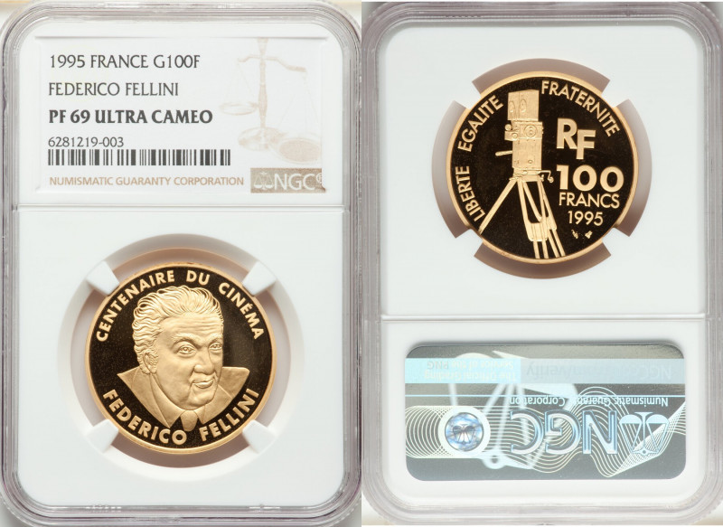 Republic gold Proof "Federico Fellini" 100 Francs 1995 PR69 Ultra Cameo NGC, Par...