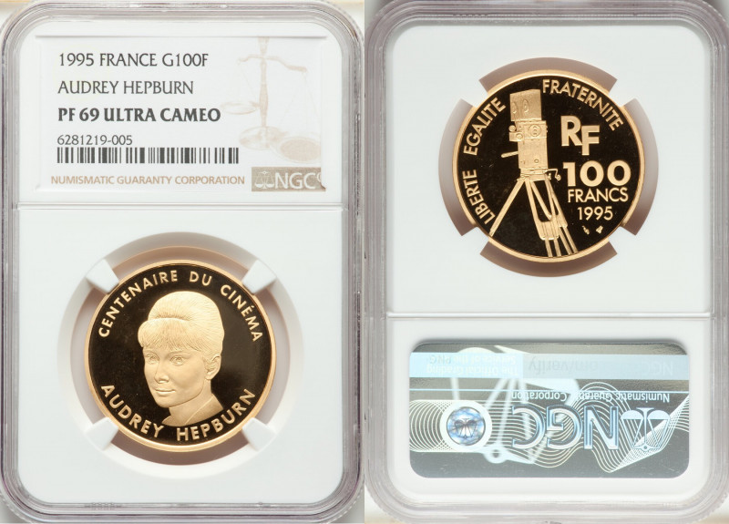 Republic gold Proof "Audrey Hepburn" 100 Francs 1995 PR69 Ultra Cameo NGC, Paris...