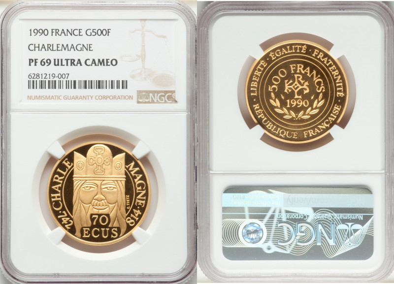 Republic gold Proof "Charlemagne" 500 Francs (70 Ecus) 1990 PR69 Ultra Cameo NGC...