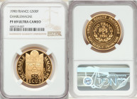 Republic gold Proof "Charlemagne" 500 Francs (70 Ecus) 1990 PR69 Ultra Cameo NGC, Paris mint, KM990. Mintage: 5,000. AGW 0.5028 oz. 

HID09801242017

...