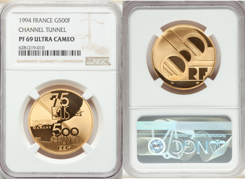 Republic gold Proof "Channel Tunnel" 500 Francs (75 Ecus) 1994 PR69 Ultra Cameo ...