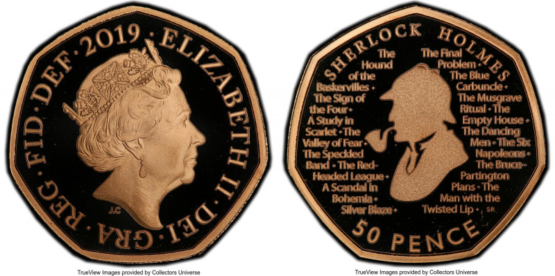 Elizabeth II gold Proof "Sherlock Holmes" 50 Pence 2019 PR70 Deep Cameo PCGS, KM...