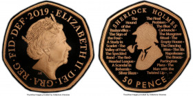 Elizabeth II gold Proof "Sherlock Holmes" 50 Pence 2019 PR70 Deep Cameo PCGS, KM-Unl., S-H61 (prev. S-H52). Mintage: 600. 

HID09801242017

© 2022 Her...