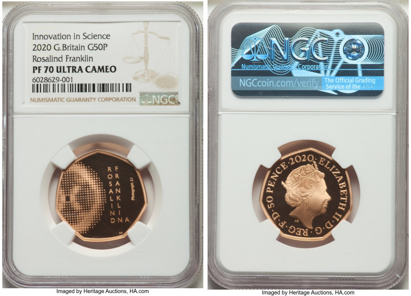 Elizabeth II gold Proof "Rosalind Franklin" 50 Pence 2020 PR70 Ultra Cameo NGC, ...