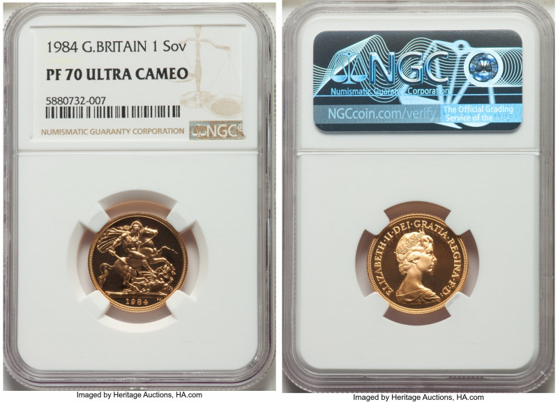 Elizabeth II gold Proof Sovereign 1984 PR70 Ultra Cameo NGC, KM919, S-SC1. Witne...