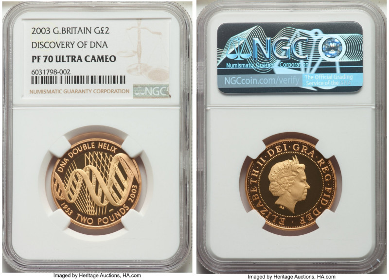 Elizabeth II gold Proof "Discovery of DNA" 2 Pounds 2003 PR70 Ultra Cameo NGC, K...