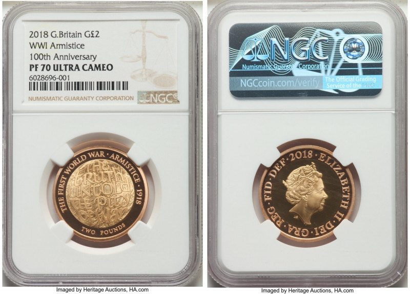Elizabeth II gold Proof "WWI Armistice 100th Anniversary" 2 Pounds 2018 PR70 Ult...