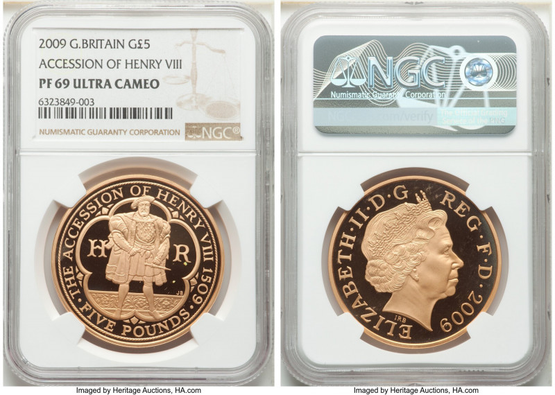 Elizabeth II gold Proof "Accession of Henry VIII" 5 Pounds 2009 PR69 Ultra Cameo...
