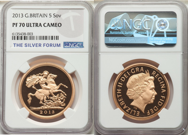 Elizabeth II gold Proof 5 Pounds 2013 PR70 Ultra Cameo NGC, KM1003.1. AGW 1.1775...