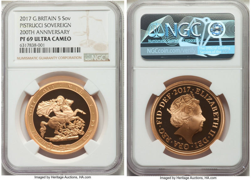 Elizabeth II gold Proof "Pistrucci Sovereign 200th Anniversary" 5 Pounds 2017 PR...