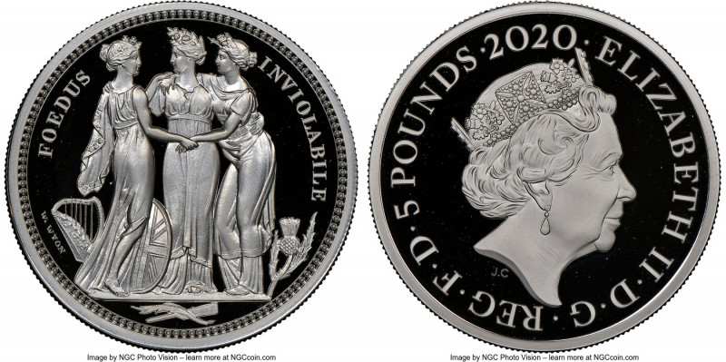 Elizabeth II silver Proof "Three Graces" 5 Pounds (2 oz) 2020 PR70 Ultra Cameo N...