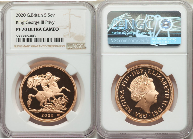Elizabeth II gold Proof 5 Pounds 2020 PR70 Ultra Cameo NGC, KM-Unl., S-SE13B. Ki...