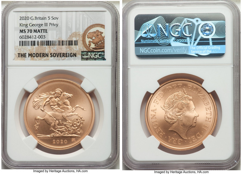 Elizabeth II gold 5 Pounds 2020 MS70 Matte NGC, KM-Unl., S-SE13B. Mintage: 355. ...