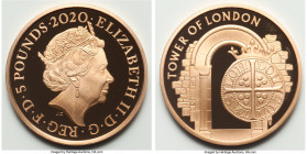 Elizabeth II gold Proof "Tower of London - Royal Mint" 5 Pounds 2020, KM-Unl., S-L83. Mintage: 125. Struck to commemorate the Royal Mint at the Tower ...