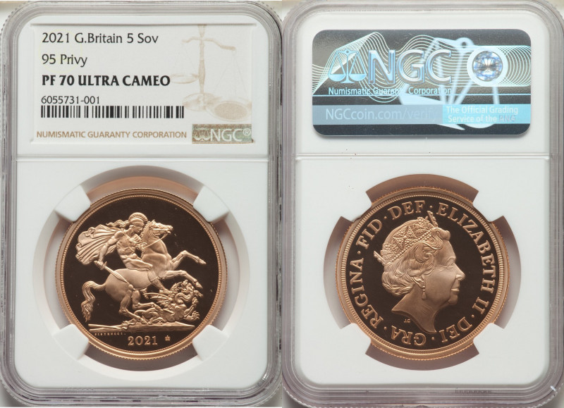 Elizabeth II gold Proof 5 Pounds 2021 PR70 Ultra Cameo NGC, KM-Unl., S-SE13C. "9...