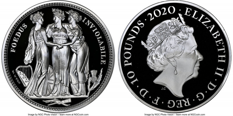 Elizabeth II silver Proof "Three Graces" 10 Pounds (5 oz) 2020 PR70 Ultra Cameo ...