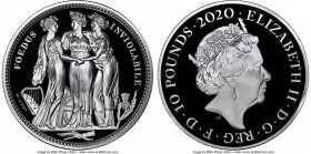 Elizabeth II silver Proof "Three Graces" 10 Pounds (5 oz) 2020 PR70 Ultra Cameo NGC, KM-Unl., S-GE9. Great Engravers Series II. Sold with case of issu...