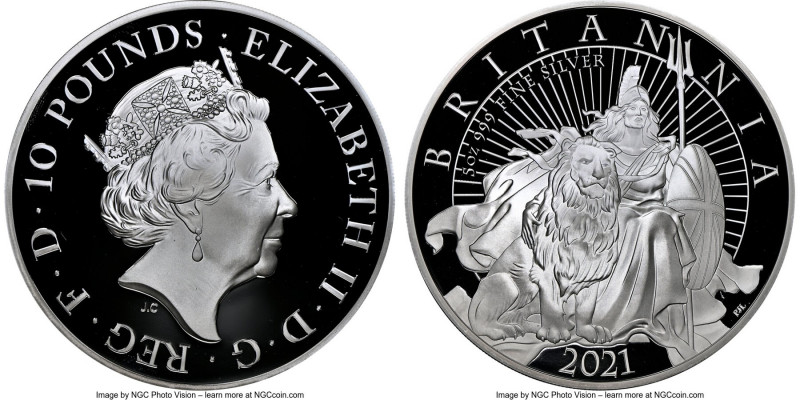Elizabeth II silver Proof "Britannia with Lion" 10 Pounds (5 oz) 2021 PR69 Ultra...