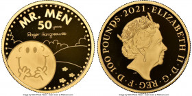 Elizabeth II gold Proof "Mr. Happy" 100 Pounds (1 oz) 2021 PR69 Ultra Cameo NGC, KM-Unl., S-MM13. Maximum Mintage: 280. Mr. Men Little Miss series. So...